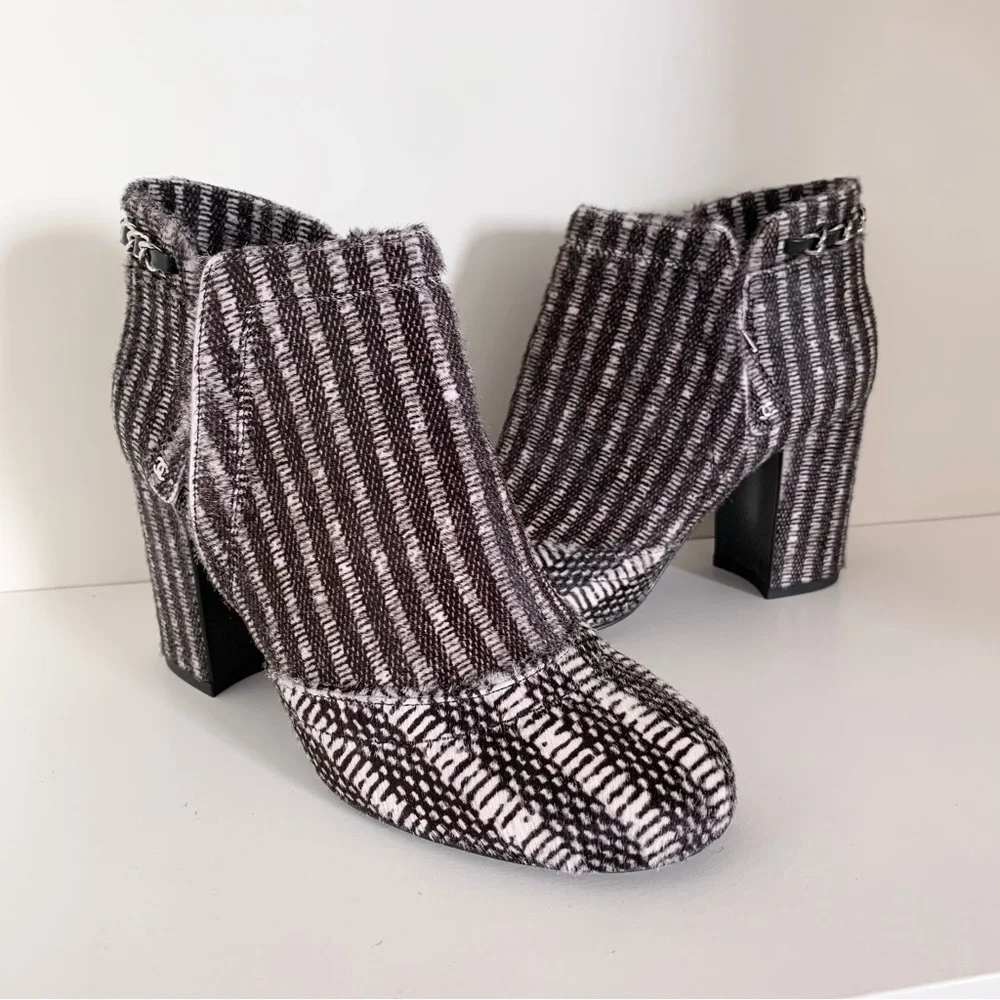 Chanel pony hair chain logo zipper booties
